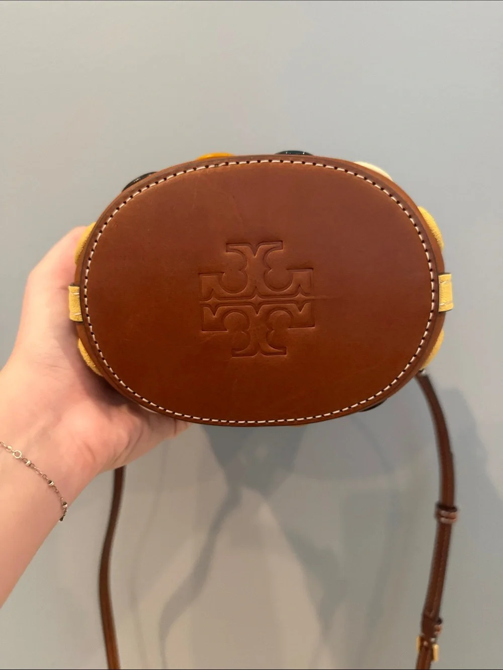 Tory Burch Cream & Brown Logo Canvas Bucket Bag with Eyelet Trim (NEVER USED)